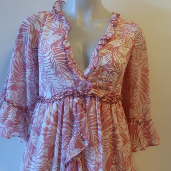 NWT WOMENS INDIKAH ANGEL BIBA PINK WHITE RUFFLED FLORAL V-NECK MINI DRESS S * - Picture 4 of 10